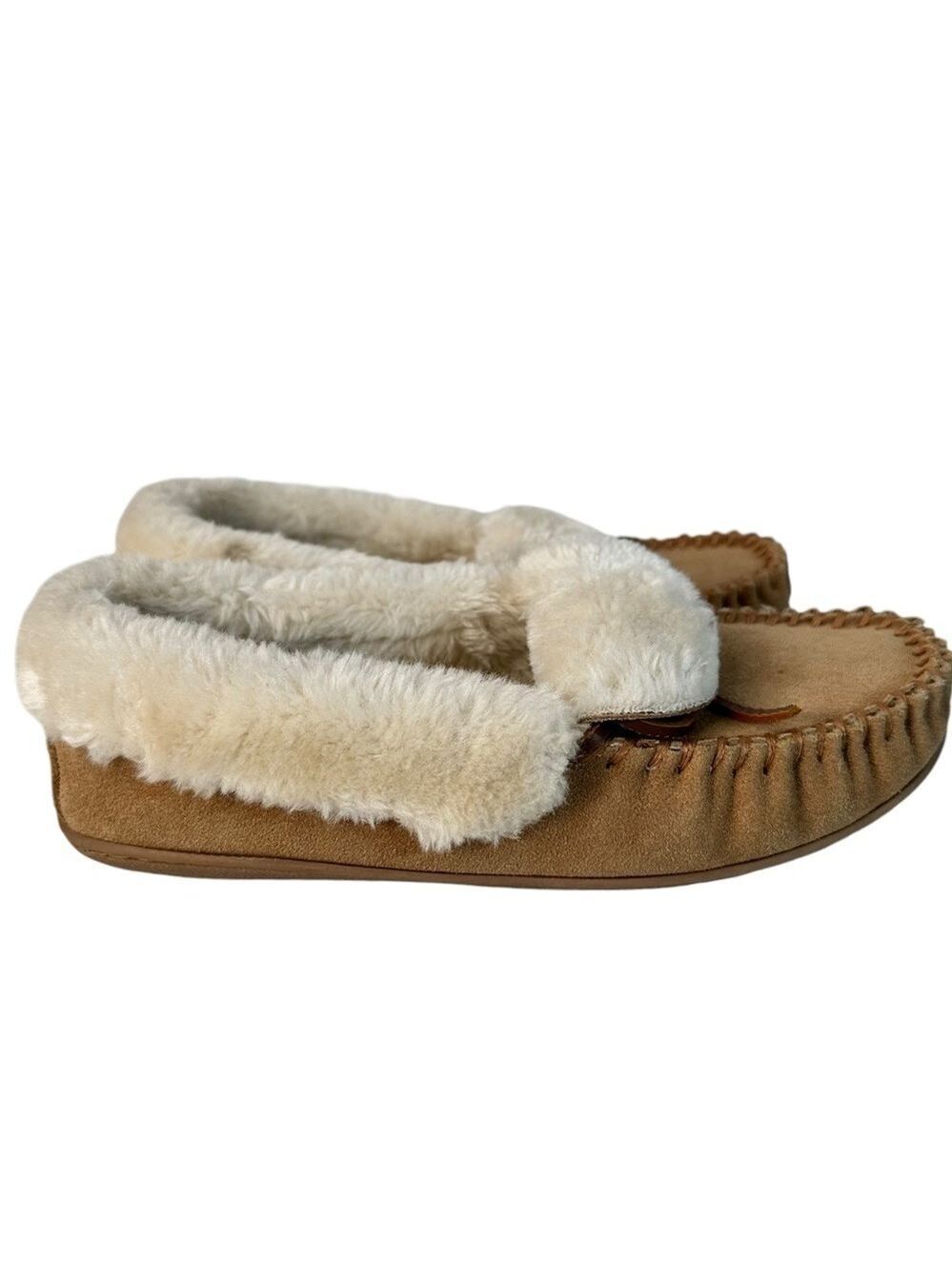 Minnetonka Sheepskin Slippers 40641 Size 8 Faux Fur Tan Hard Sole Native Cozy